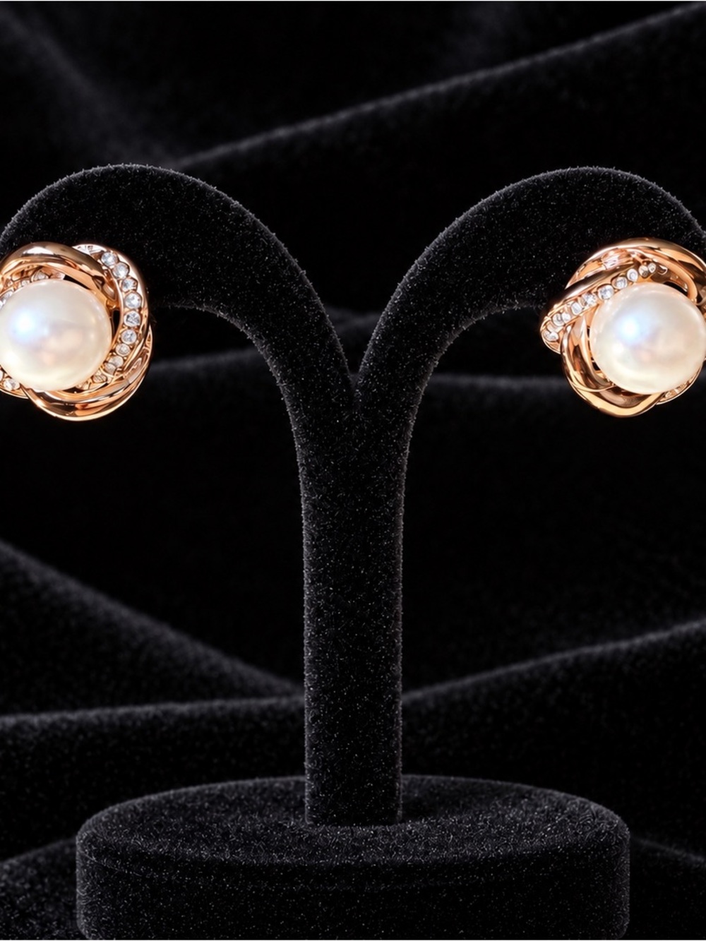 Classic Pearl and Gold Knot Stud Earrings with Tiny Clear Accents